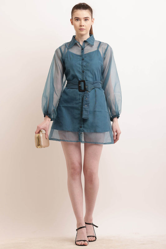 Organza Belted Balloon Sleeve Shirt Dress - Teal Blue - DrapeMe - Your Affordable place for In-Trend clothing