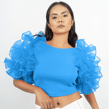 Ruffled Organza Sleeved Ribbed Crop Top - DrapeMe - Your Affordable place for In-Trend clothing
