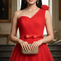 Romantic Ruched One Shoulder Party Dress - Red - DrapeMe - Your Affordable place for In-Trend clothing