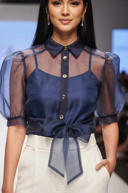 Organza Knotted Puff Sleeves Organza Top - Navy Blue