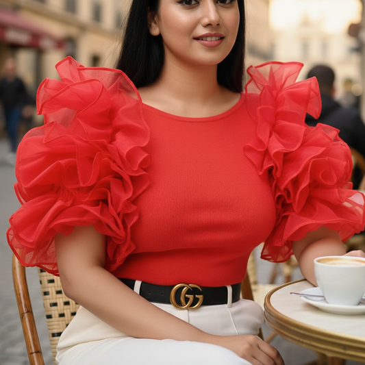 Ribbed Organza Step Ruffle Sleeves Top - Carrot Color