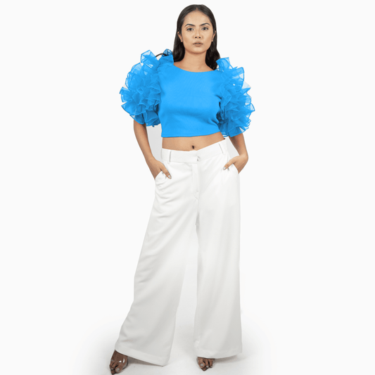 Ruffled Organza Sleeved Ribbed Crop Top - DrapeMe - Your Affordable place for In-Trend clothing