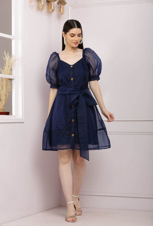 Blue Organza Dress With Puffed Sleeves - DrapeMe - Your Affordable place for In-Trend clothing