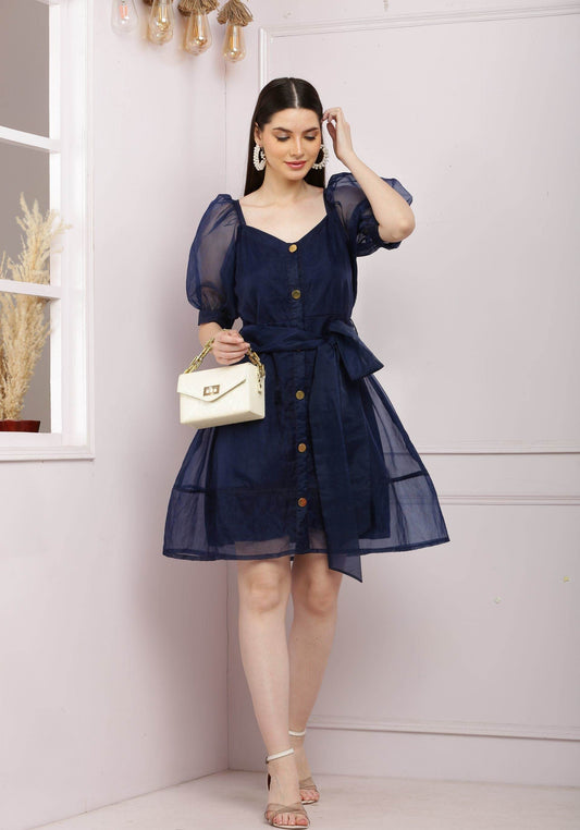 Blue Organza Dress With Puffed Sleeves - DrapeMe - Your Affordable place for In-Trend clothing