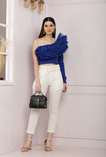 Fabulous One Shoulder Ribbed Top With Organza Trim - DrapeMe - Your Affordable place for In-Trend clothing