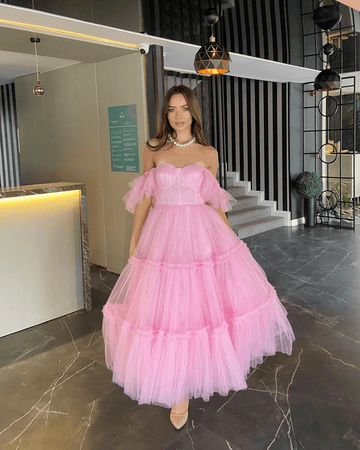 Offshoulder Corset Style Tulle Dress - Blush Pink - DrapeMe - Your Affordable place for In-Trend clothing