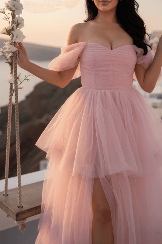 Beautiful Off Shoulder Tulle Maxi Dress Baby Pink - DrapeMe - Your Affordable place for In-Trend clothing