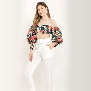 Abstract Print Off Shoulder Puff Sleeve Summer Crop Top - DrapeMe - Your Affordable place for In-Trend clothing