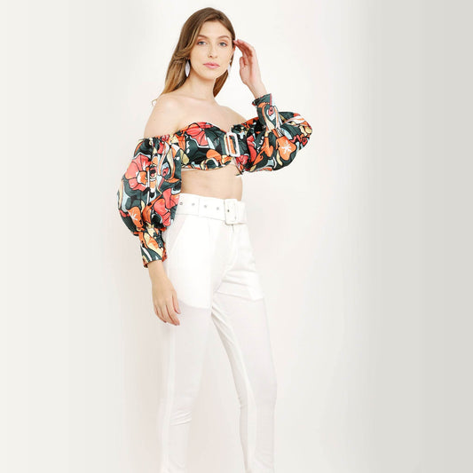 Abstract Print Off Shoulder Puff Sleeve Summer Crop Top - DrapeMe - Your Affordable place for In-Trend clothing