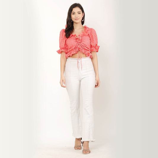 Ruffle Drawstring Schiffli Cotton Crop Top - Peach - DrapeMe - Your Affordable place for In-Trend clothing