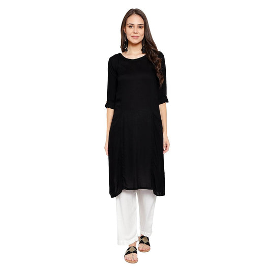 Soild Straight Kurti With White Bottom Plazzo Set - Black - DrapeMe - Your Affordable place for In-Trend clothing