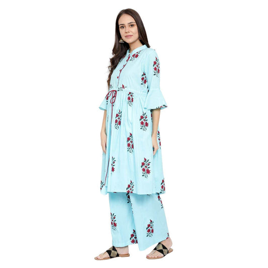 Floral Anarkali Pleated Flared Sleeves Kurta Set - Aqua Blue - DrapeMe - Your Affordable place for In-Trend clothing