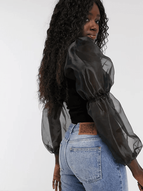 Square Neck Crop Jumper With Organza Sleeves - Black - DrapeMe - Your Affordable place for In-Trend clothing