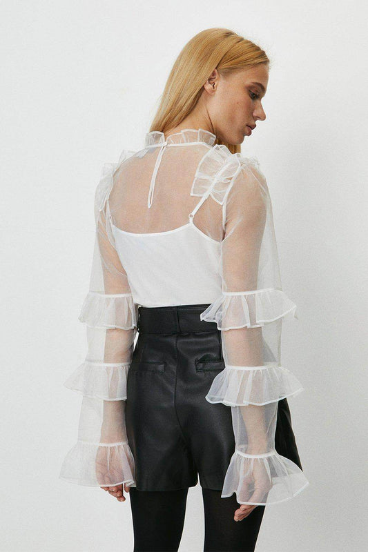 Ruffled Mesh Organza Top- White - DrapeMe - Your Affordable place for In-Trend clothing