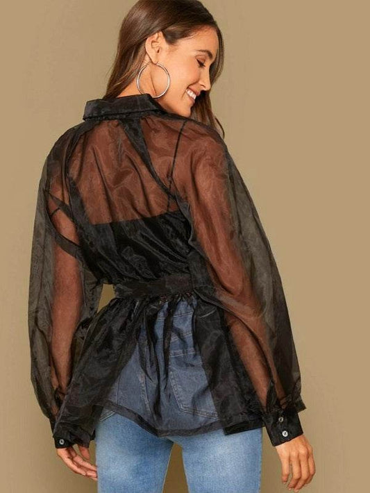 Peplum Organza Shirt With Belt - Black - DrapeMe - Your Affordable place for In-Trend clothing