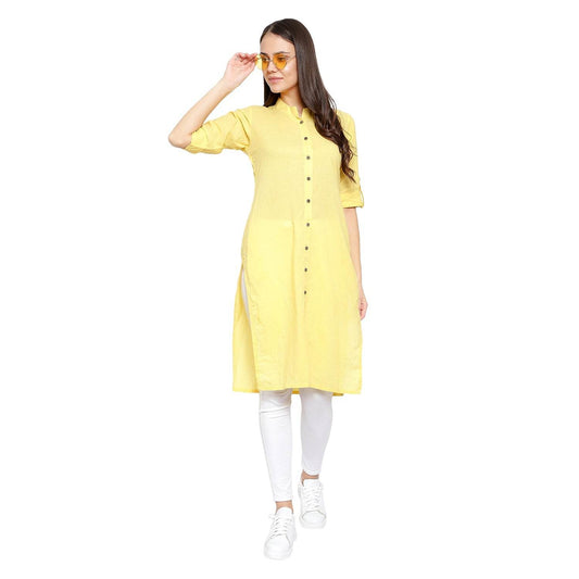 Solid Collar Neck Folding Sleeves Long Kurti - Yellow - DrapeMe - Your Affordable place for In-Trend clothing