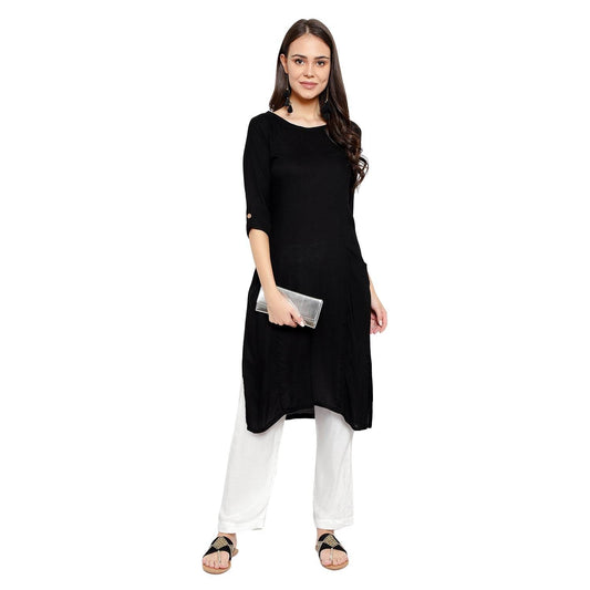 Soild Straight Kurti With White Bottom Plazzo Set - Black - DrapeMe - Your Affordable place for In-Trend clothing