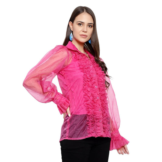 Organza Puff Sleeves Ruffled Front Shirt - Pink - DrapeMe - Your Affordable place for In-Trend clothing