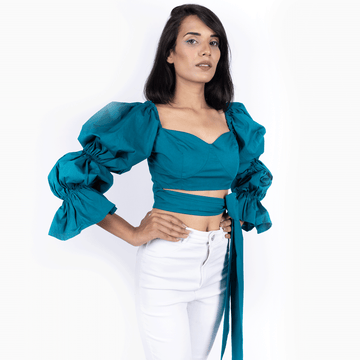 Sweetheart Neck Elastic Bell Sleeves Warp Crop Top - Gamma Green