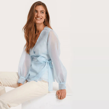 Wrap Knot Belt Organza Blouse - Powder Blue