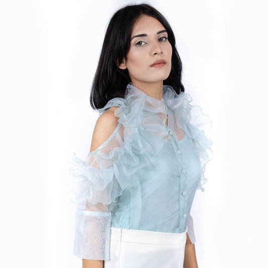 Ruffle Around Off Shoulder Button Closure Top - DrapeMe - Your Affordable place for In-Trend clothing