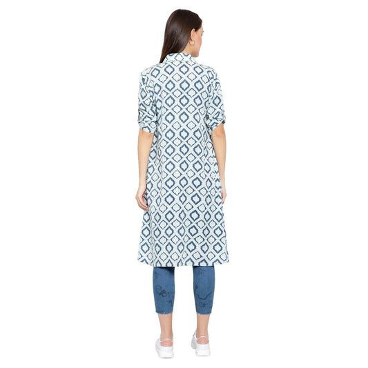 Printed Katha Cotton Long Kurti - Blue - DrapeMe - Your Affordable place for In-Trend clothing