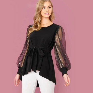Pearl Beaded Mesh Lantern Sleeve Top - Black - DrapeMe - Your Affordable place for In-Trend clothing