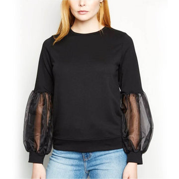 Round Neck Organza Puff Sleeve Sweatshirt - Black - DrapeMe - Your Affordable place for In-Trend clothing