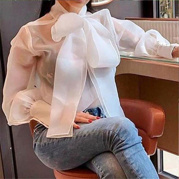Sheer Long Sleeve Lace-up Bow knot Transparent Top - White