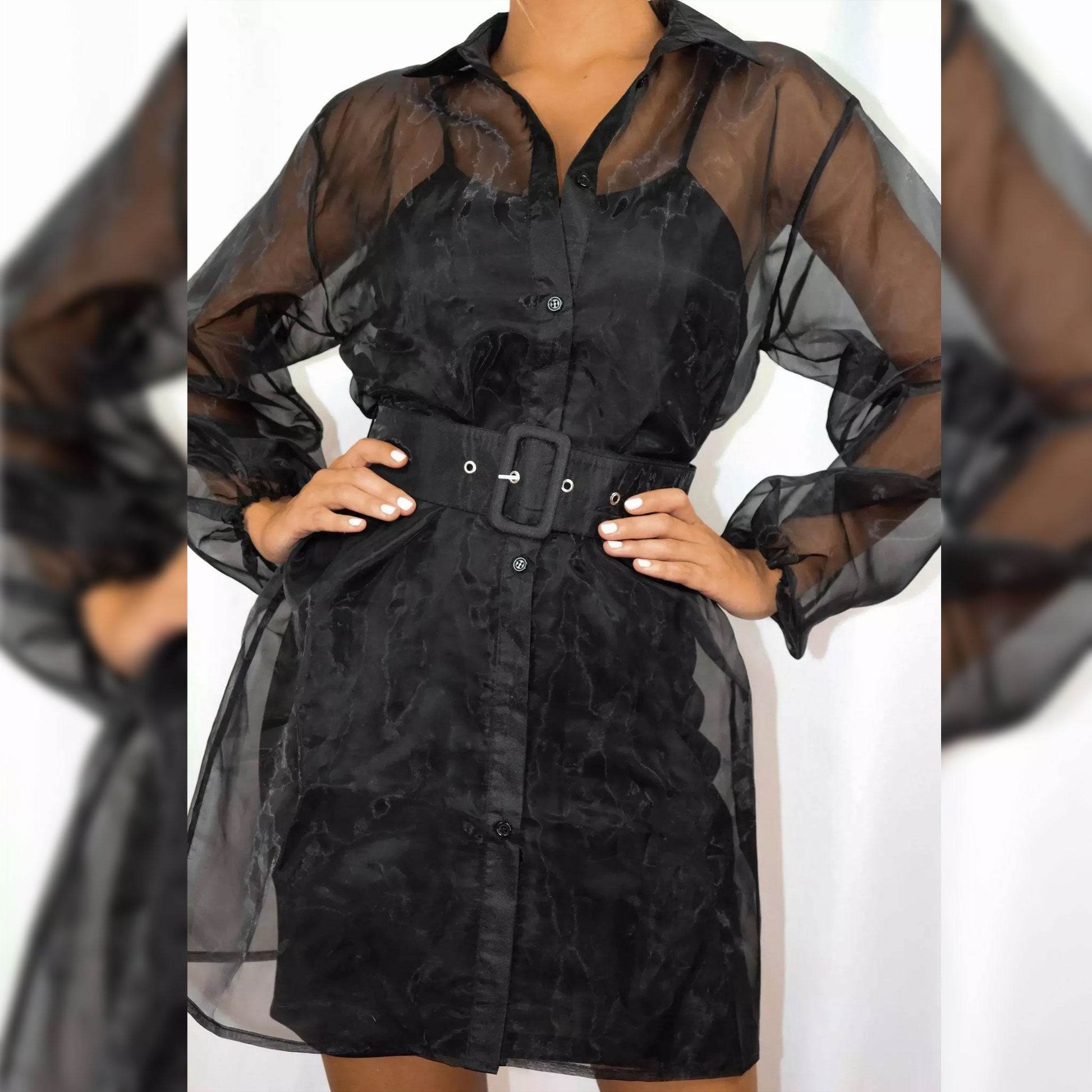 Organza Shirt Dress With Belt - Black - DrapeMe - Your Affordable place for In-Trend clothing