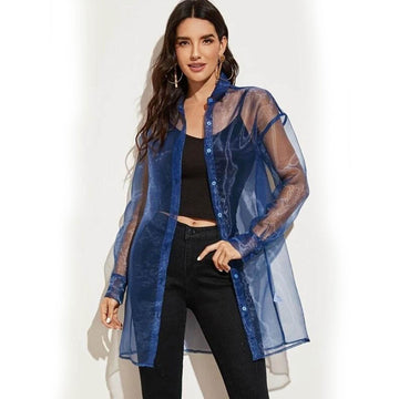 Sheer Organza Button Up Shirt - Blue - DrapeMe - Your Affordable place for In-Trend clothing