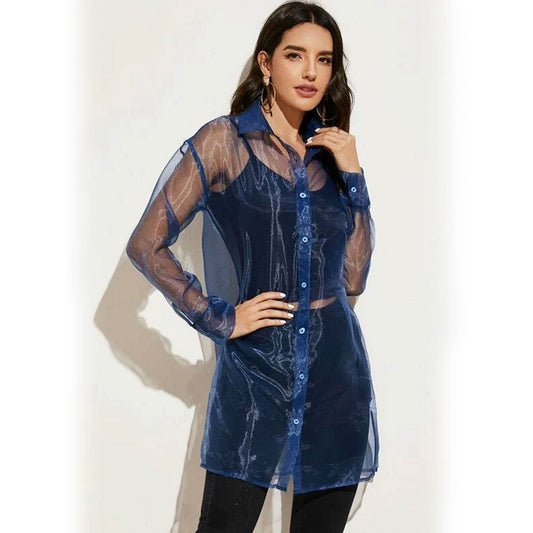 Sheer Organza Button Up Shirt - Blue - DrapeMe - Your Affordable place for In-Trend clothing