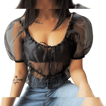Sexy Strappy Slim Solid Sheer Organza Crop Top - Black - DrapeMe - Your Affordable place for In-Trend clothing