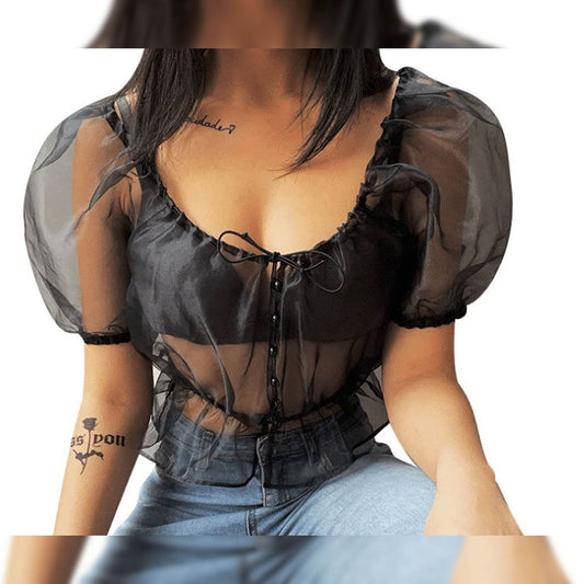 Sexy Strappy Slim Solid Sheer Organza Crop Top - Black - DrapeMe - Your Affordable place for In-Trend clothing