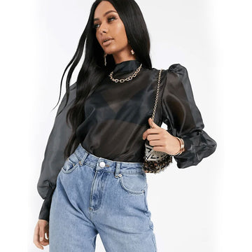 Puff Sleeves High Neck Organza Top - Black