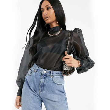 Puff Sleeves High Neck Organza Top - Black - DrapeMe - Your Affordable place for In-Trend clothing