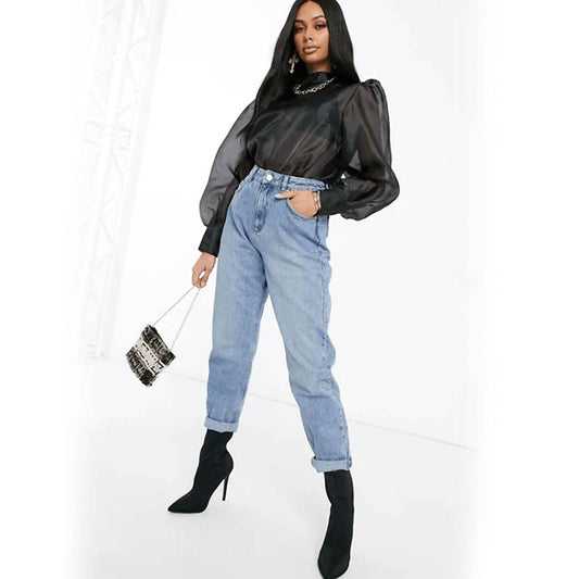 Puff Sleeves High Neck Organza Top - Black - DrapeMe - Your Affordable place for In-Trend clothing