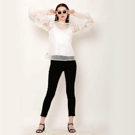 High Neck Ruffled Sleeve White Top - DrapeMe - Your Affordable place for In-Trend clothing