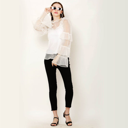 High Neck Ruffled Sleeve White Top - DrapeMe - Your Affordable place for In-Trend clothing