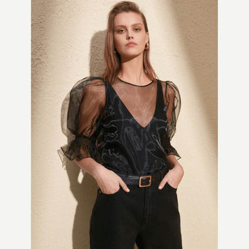 Puff Sleeves Round Neck Organza Top - Black - DrapeMe - Your Affordable place for In-Trend clothing
