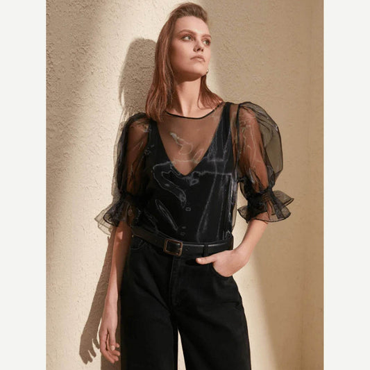 Puff Sleeves Round Neck Organza Top - Black - DrapeMe - Your Affordable place for In-Trend clothing