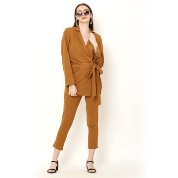 Stylish Wrap-Over Blazer Co-Ords Set – Camel Brown - DrapeMe - Your Affordable place for In-Trend clothing