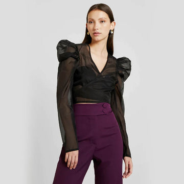 Puff Sleeve Deep V-Neck Wrap Organza Top - Black - DrapeMe - Your Affordable place for In-Trend clothing