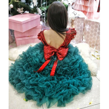Ruffle Layered Pattern High Low Baby Girl Dress with Red Sequins - Green - DrapeMe - Your Affordable place for In-Trend clothing