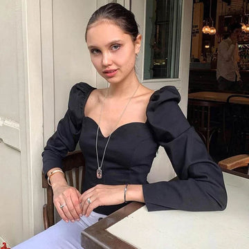 Vintage Square Collar Casual Puff Sleeve Top - Black - DrapeMe - Your Affordable place for In-Trend clothing