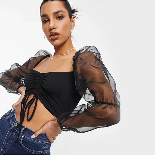 Puff Organza Sleeve Balck Crop Top - DrapeMe - Your Affordable place for In-Trend clothing