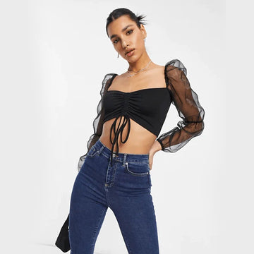 Puff Organza Sleeve Balck Crop Top