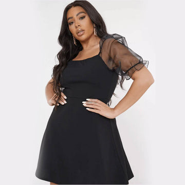 Plus Size Organza Sleeve Skater Dress - Black - DrapeMe - Your Affordable place for In-Trend clothing