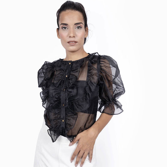 Frill Button Organza Shirt - Black - DrapeMe - Your Affordable place for In-Trend clothing