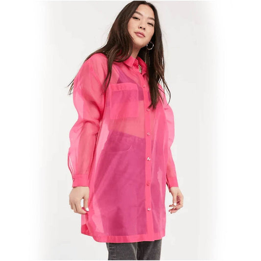 Collared Full sleeves Organza long Shirt - Pink - DrapeMe - Your Affordable place for In-Trend clothing